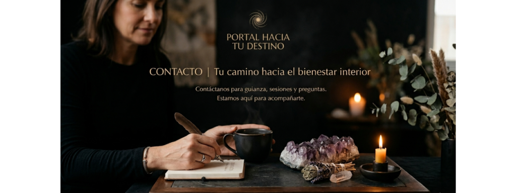 Mujer escribiendo en un cuaderno junto a cristales minerales, una taza de té y velas encendidas - Concepto de bienestar y conexión interior
